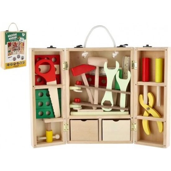 Nářadí s doplňky v dřevěném kufříku