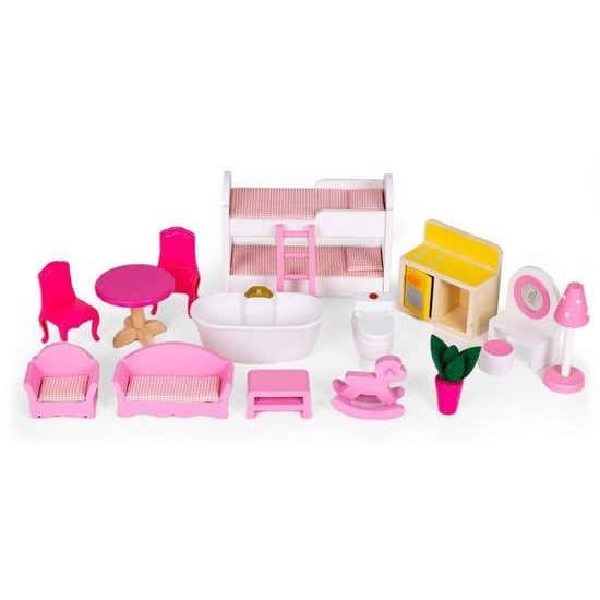 Ecotoys dřevěný dvoupatrový domeček pro panenky Malinová + 2 panenky