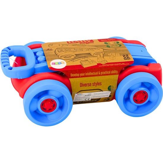 Sada kostek v modro červeném vozíku na kolečkách