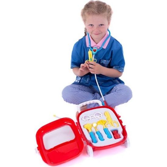 Sada doktor se stetoskopem na baterie v plastovém kufříku na kolečkách