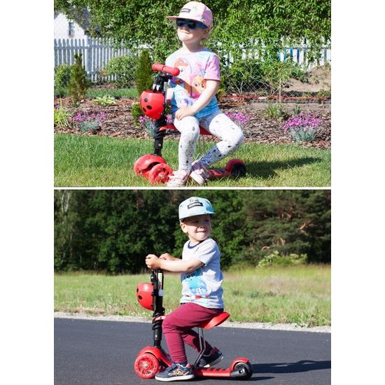 Dětská koloběžka Bedrunka čevená se sedátkem a svítícími koly