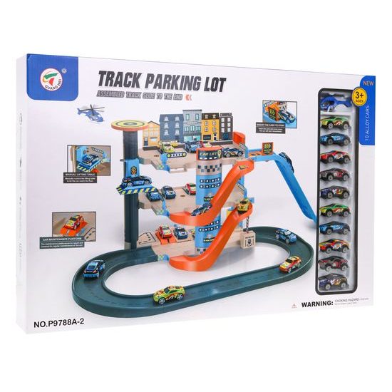 Parkovací garáž s výtahem, helikoptérou a 10 autíčky Slide Lot