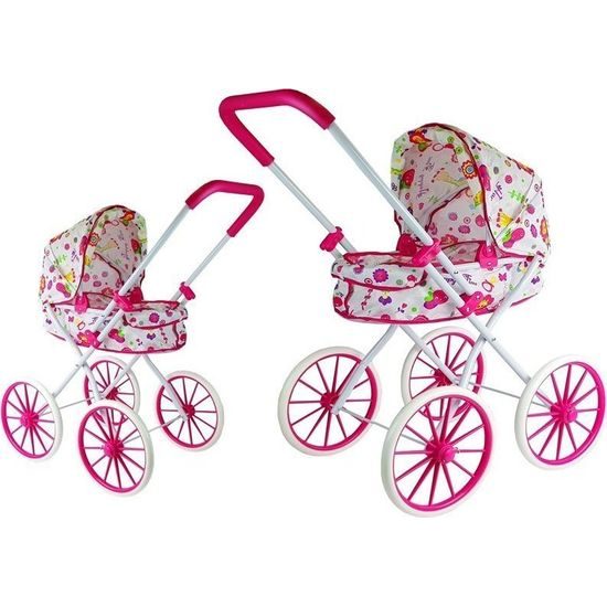 Retro kočárek pro panenky s květinami a velkými koly -růžový