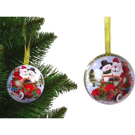 Vánoční kovová baňka Santa Claus se sněhulákem v autě