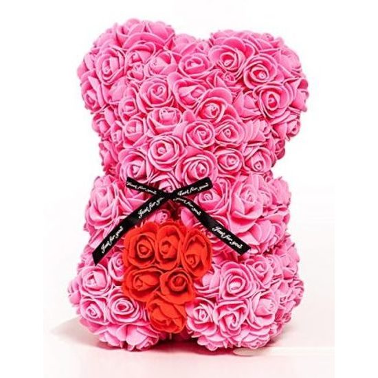 Medvídek z růží růžový s červeným srdcem Rose Bear 25 cm