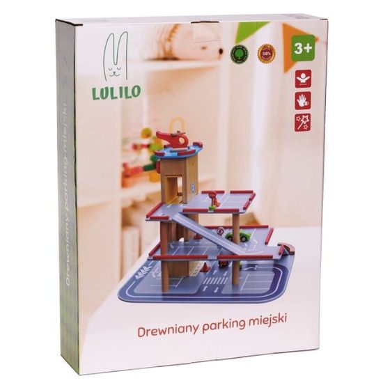 Dřevěná patrová garáž s výtahem a autíčky Lulilo