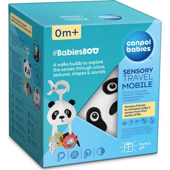 CANPOL babies Senzorická závěsná cestovní hračka PANDA s klipem BabiesBoo