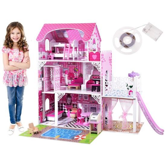 Ecotoys dřevěný XXL domeček pro panenky se skluzavkou rezidence Jersey