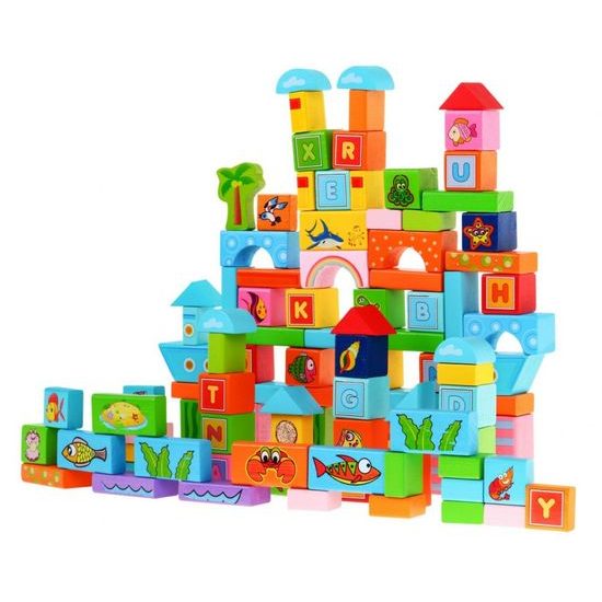 Majlo Toys sada dřevěných kostek se zvířátky 100 ks Ocean Blocks