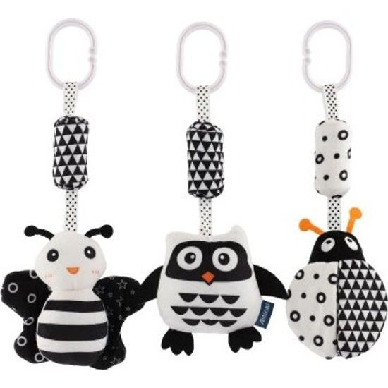Zvířátko chrastítko na postýlku/kočárek černobílé - mix 3 druhy