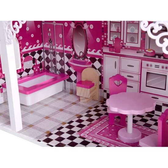 Dřevěný XXL domeček pro panenky se skluzavkou a LED osvětlením rezidence Nadia