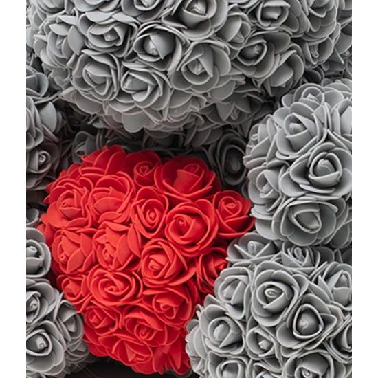 Medvídek z růží šedý s červeným srdcem Rose Bear 25 cm