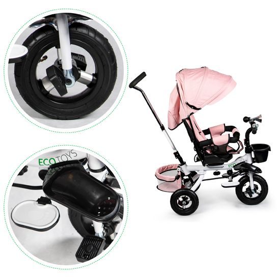 Ecotoys dětská tříkolka s otočným sedadlem a nafukovacími koly Rotage světle růžová