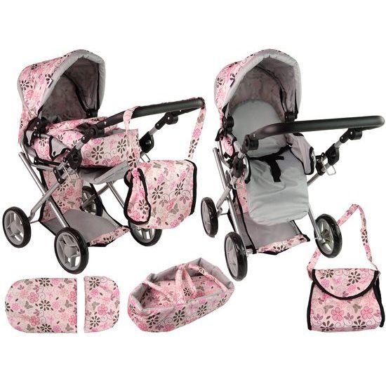 Alice kočárek pro panenky 9346 kombinovaný růžový s kytičkami