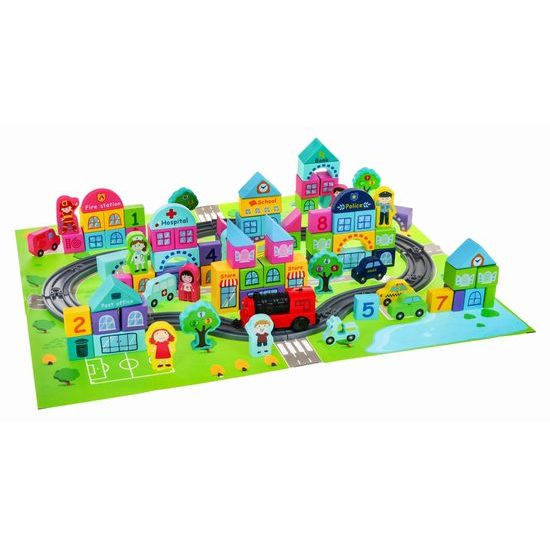 Sada dřevěných kostek Městečko s dráhou a podložkou 111 ks Railway Blocks