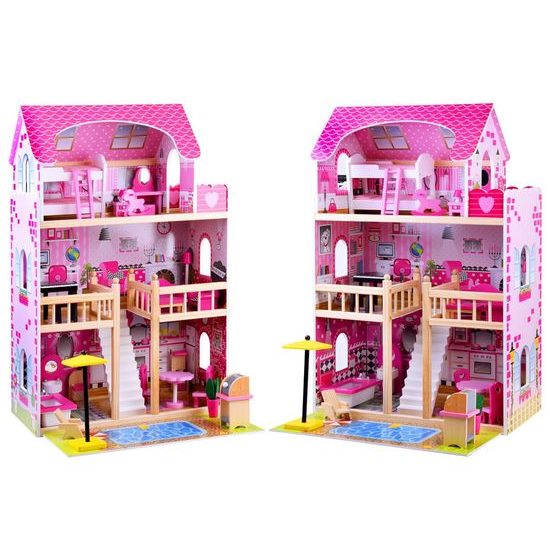 Dřevěný 2 patrový domeček pro panenky s bazénem rezidence Jenny