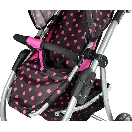 Kočárek pro panenky 2v1 s taškou - černý s růžovými puntíky