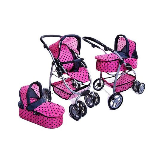 Doris velký sportovní kočárek pro panenky 3v1 - 9662 růžový s puntíkama