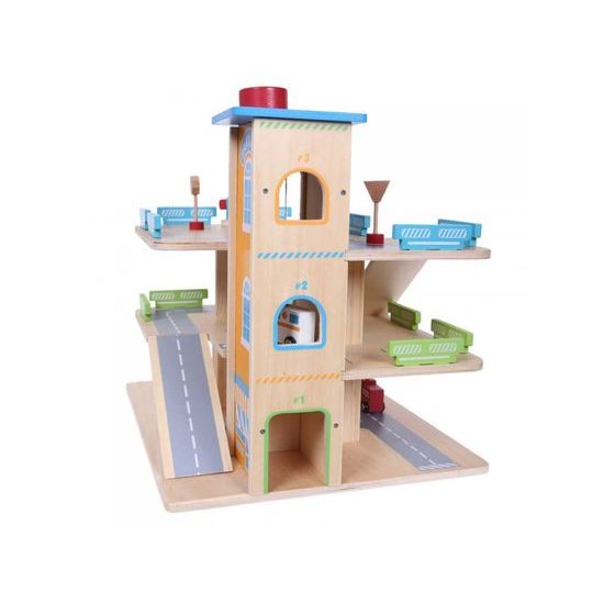 Ecotoys dřevěná patrová garáž s výtahem a autíčky