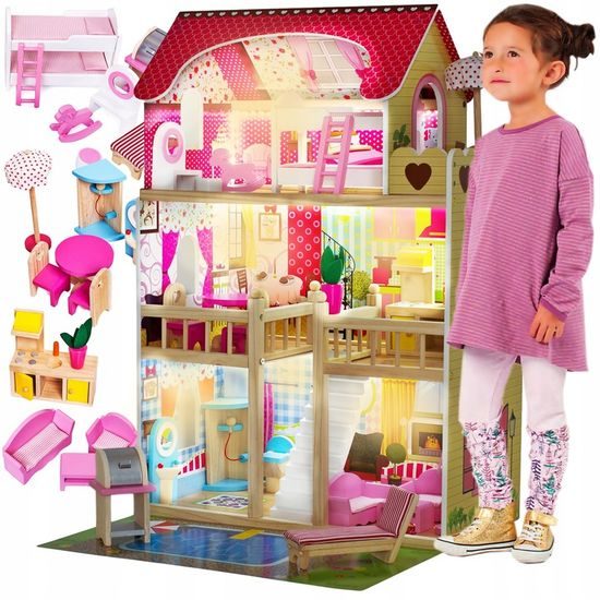 Doris dřevěný 2 patrový domeček pro panenky s barevným LED osvětlením