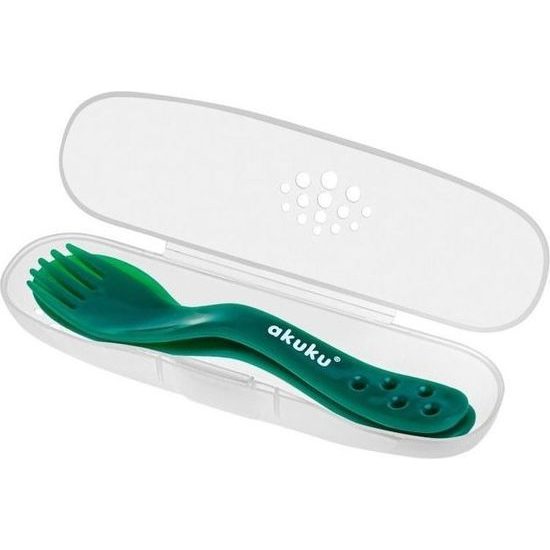 Dětská lžička a vidlička v pouzdru - zelená