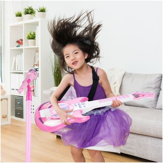 Dětská elektronická kytara se stativem a mikrofonem Guitar Micset - růžová