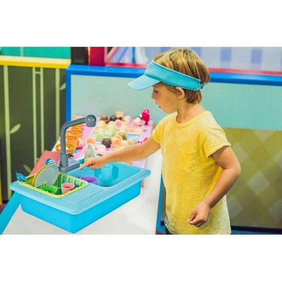 Dětský dřez s tekoucí vodou a nádobím Wash Up modrý