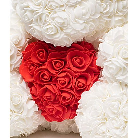 Medvídek z růží bílý s červeným srdcem Rose Bear 40 cm