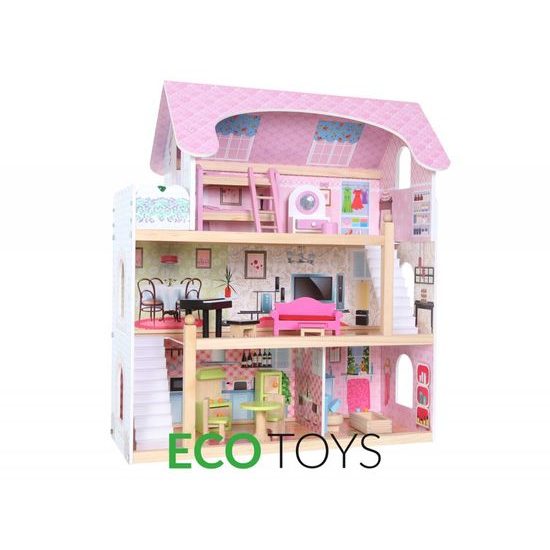 Ecotoys dřevěný dvoupatrový domeček pro panenky Pohádka + 4 panenky