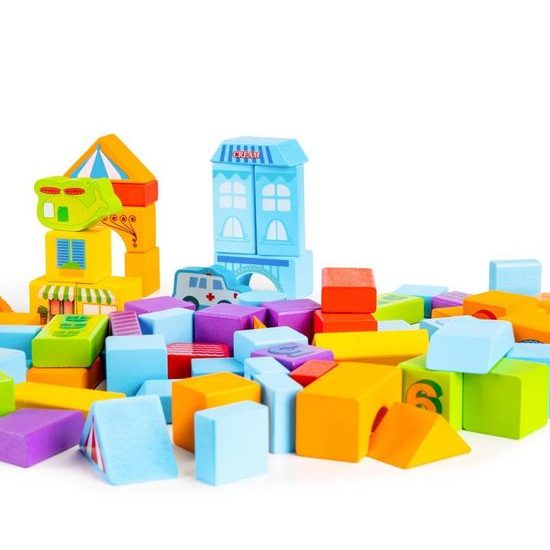 Ecotoys sada dřevěných kostek v kyblíku 100 ks v Městečko