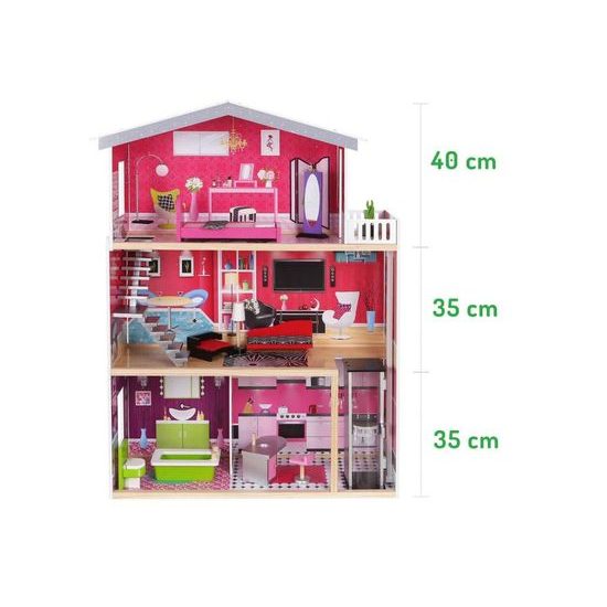 Ecotoys velký dřevěný domeček pro panenky Malibu s výtahem + panenka