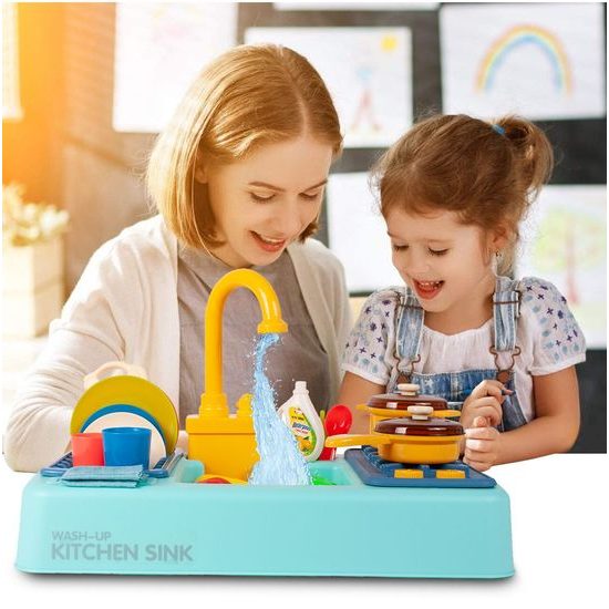 Dětský dřez s tekoucí vodou a nádobím Wash Up modrý