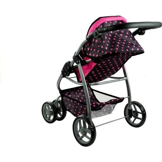 Kočárek pro panenky 2v1 Alice - černý s růžovými puntíky
