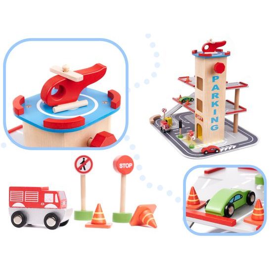 Dřevěná patrová garáž s výtahem a autíčky Lulilo