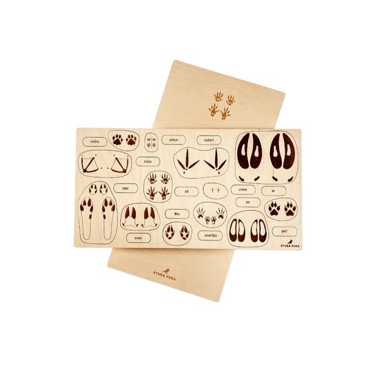 Stopy zvířat- edukativní dřevěné puzzle - ČESKÁ VERZE