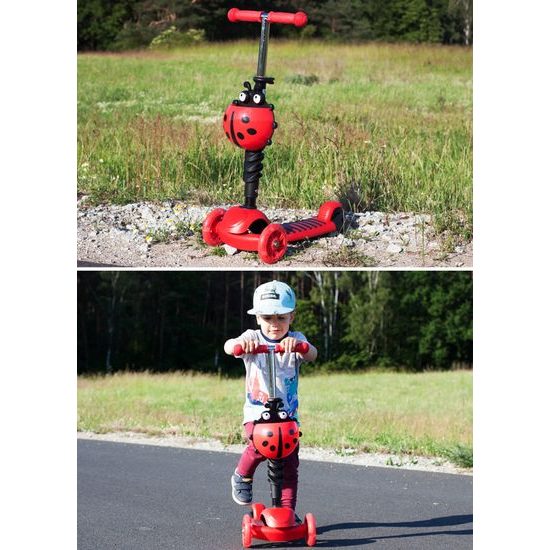 Dětská koloběžka Bedrunka čevená se sedátkem a svítícími koly