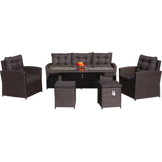 Sada zahradního nábytku 6v1 Techorattan Brown + pohovka + vysoký stůl + 2 křesla + 2 taburety + 12 polštářů