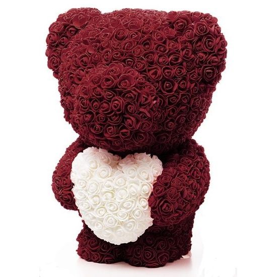 Medvídek z růží bordo s bílým srdcem Rose Bear 60 cm