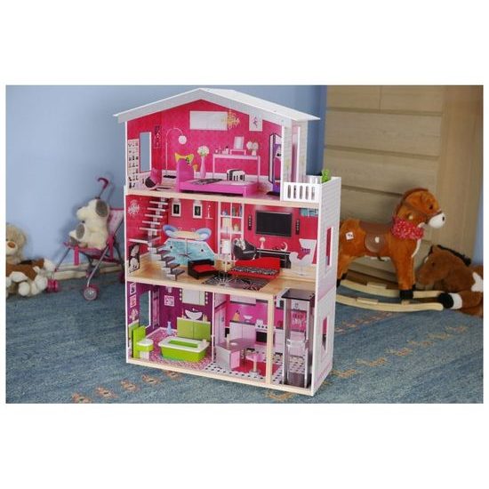 Ecotoys velký dřevěný domeček pro panenky Malibu s výtahem + panenka