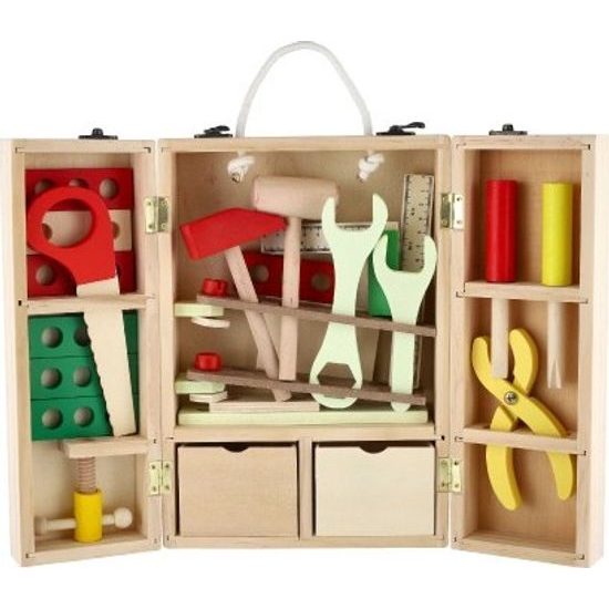 Nářadí s doplňky v dřevěném kufříku