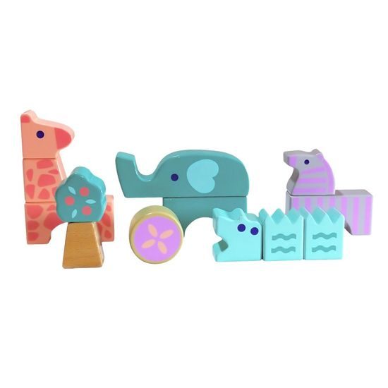 Ecotoys sada dřevěných kostek Zvířátka 13 ks