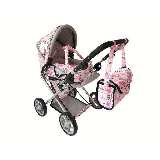 Alice kočárek pro panenky 9346 kombinovaný růžový s kytičkami