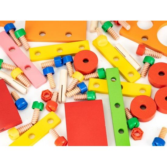 Ecotoys sada dřevěných konstrukčních kostek 58 ks Autíčko