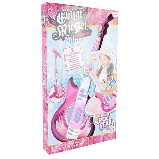 Dětská elektronická kytara se stativem a mikrofonem Guitar Micset - růžová