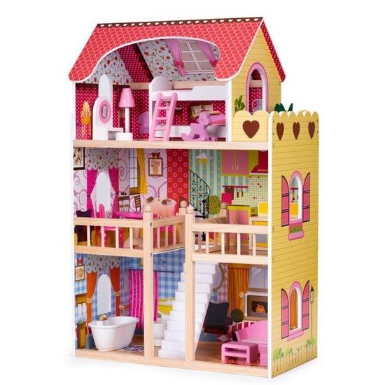 Ecotoys dřevěný dvoupatrový domeček pro panenky Malinová + 2 panenky