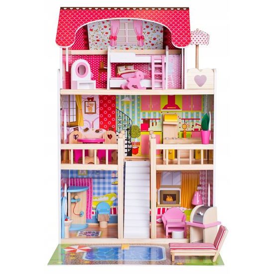 Doris dřevěný 2 patrový domeček pro panenky s barevným LED osvětlením