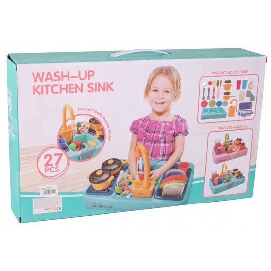 Dětský dřez s tekoucí vodou a nádobím Wash Up modrý