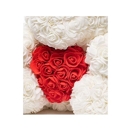 Medvídek z růží bílý s červeným srdcem Rose Bear 40 cm