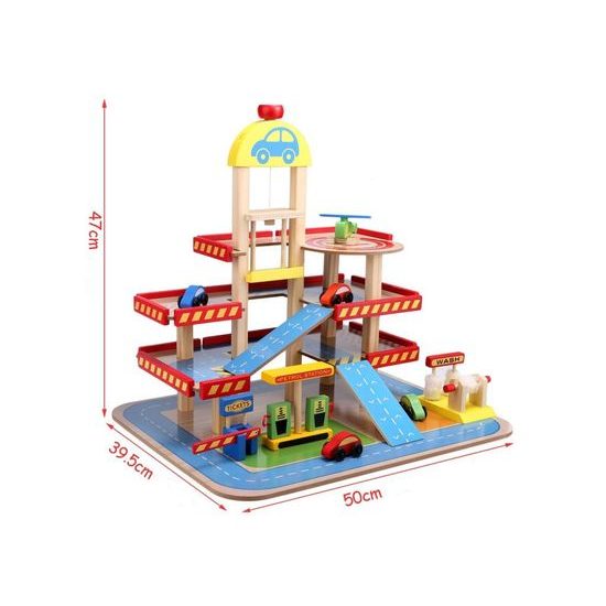 Ecotoys dřevěná garáž s výtahem, autíčky a helikoptérou