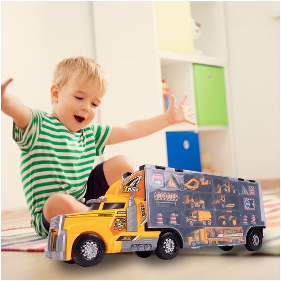 Nákladní auto se 6 stavebními stroji, kamiónem a skluzavkou Yellow Truck